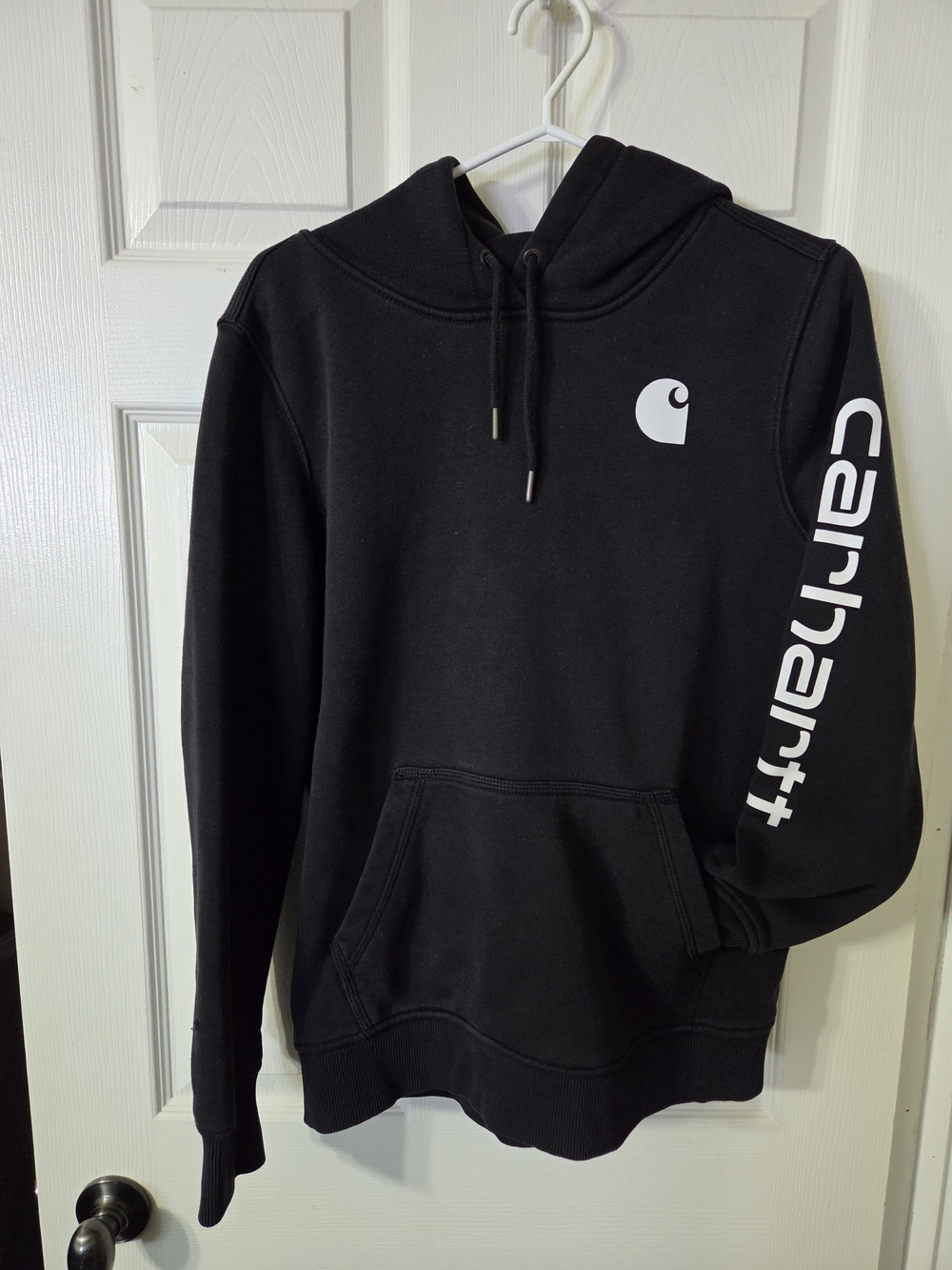 Women's Carhartt Black Hoodie with White Logo and Sleeve Text